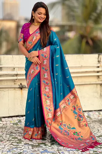 Blue sophisitcated paithani silk blend saree with meenakari woven 