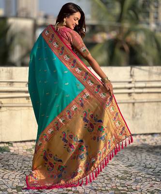 Sea green sophisitcated paithani silk blend saree with meenakari woven  2