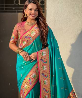 Sea green sophisitcated paithani silk blend saree with meenakari woven  3