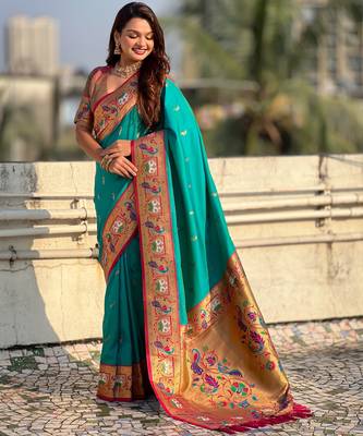 Sea green sophisitcated paithani silk blend saree with meenakari woven  4