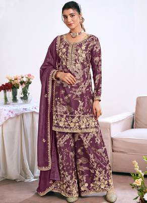 Light-purple embroidery chinon silk salwar suit 1