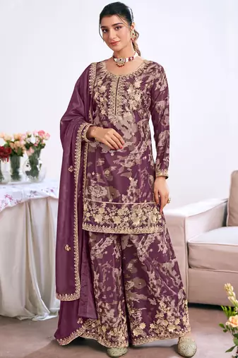 Light-purple embroidery chinon silk salwar suit