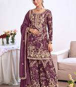 Light-purple embroidery chinon silk salwar suit