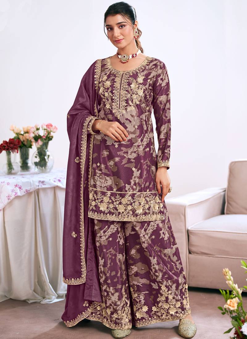 Light-purple embroidery chinon silk salwar suit