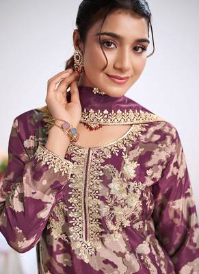 Light-purple embroidery chinon silk salwar suit 2