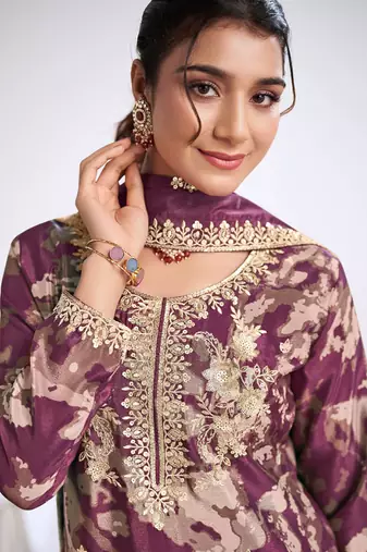 Light-purple embroidery chinon silk salwar suit