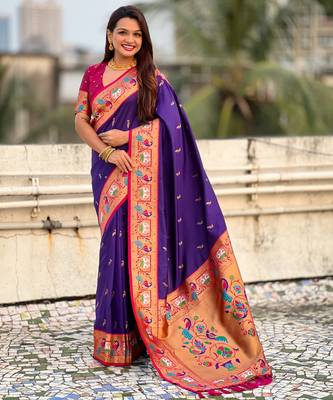Voilet sophisitcated paithani silk blend saree with meenakari woven  1