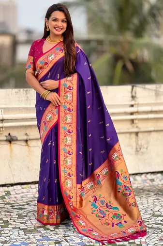 Voilet color sophisitcated paithani silk saree with meenakari woven designer