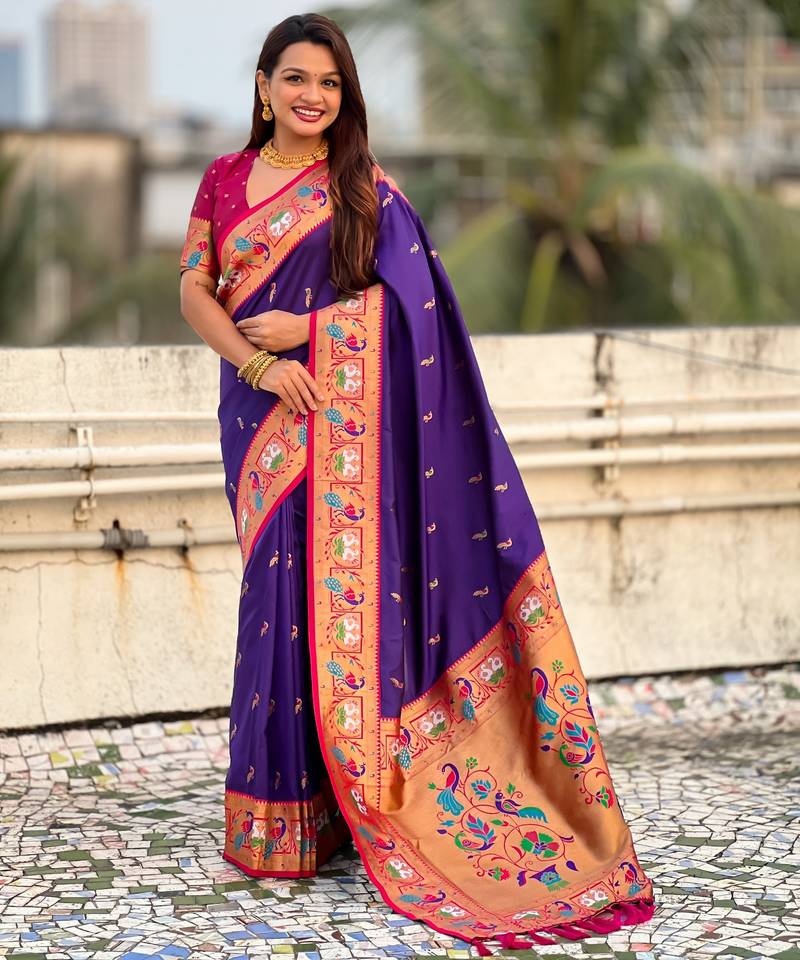 Voilet color sophisitcated paithani silk saree with meenakari woven designer