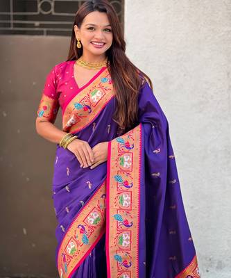 Voilet sophisitcated paithani silk blend saree with meenakari woven  3