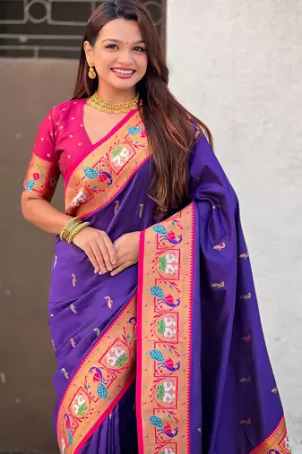 Voilet sophisitcated paithani silk blend saree with meenakari woven 