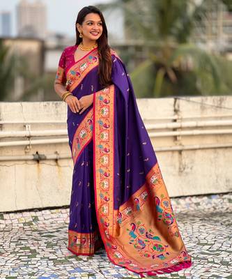 Voilet sophisitcated paithani silk blend saree with meenakari woven  4