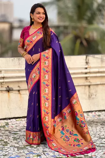 Voilet sophisitcated paithani silk blend saree with meenakari woven 