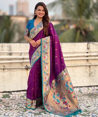 Wine sophisitcated paithani silk blend saree with meenakari woven  1