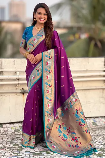 Wine color sophisitcated paithani silk saree with meenakari woven designer