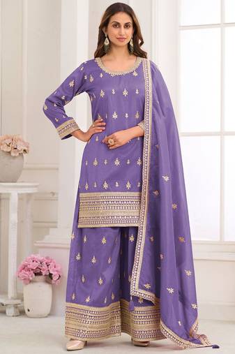 Purple embroidery real simar silk salwar suit