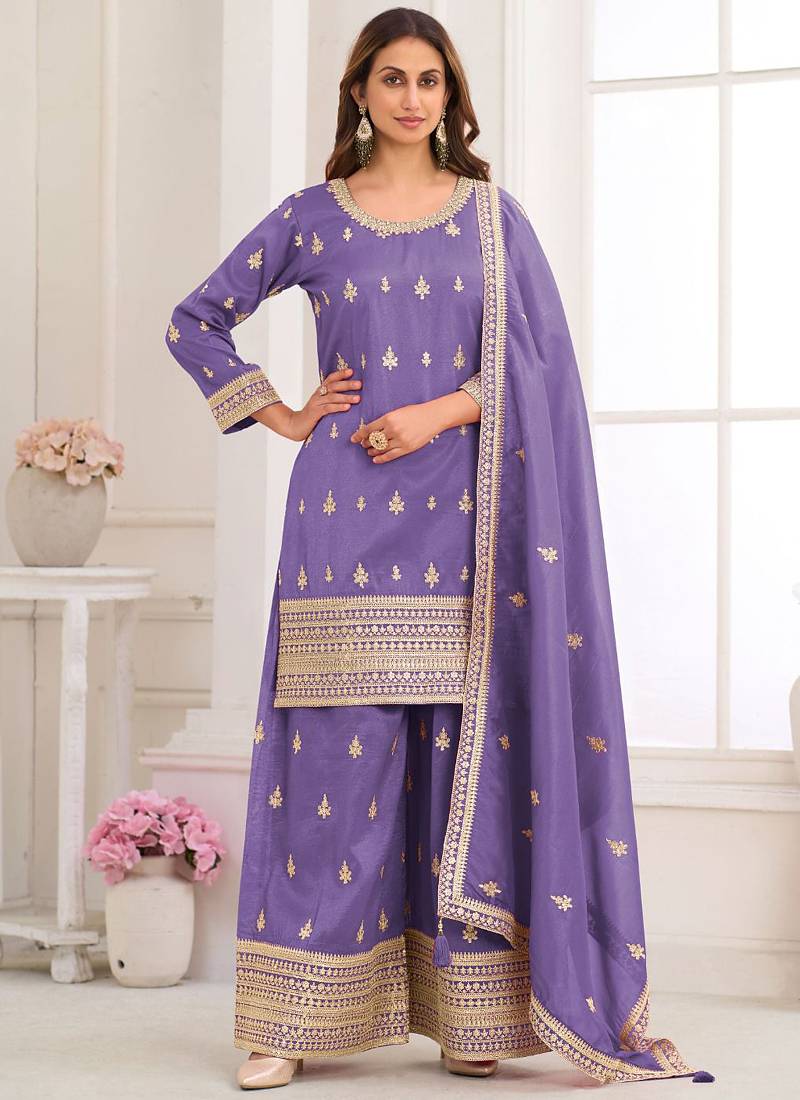 Purple embroidery real simar silk salwar suit