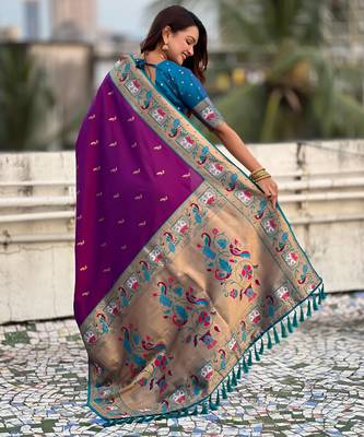 Wine sophisitcated paithani silk blend saree with meenakari woven  2