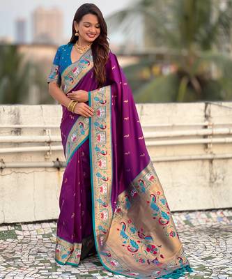 Wine sophisitcated paithani silk blend saree with meenakari woven  4