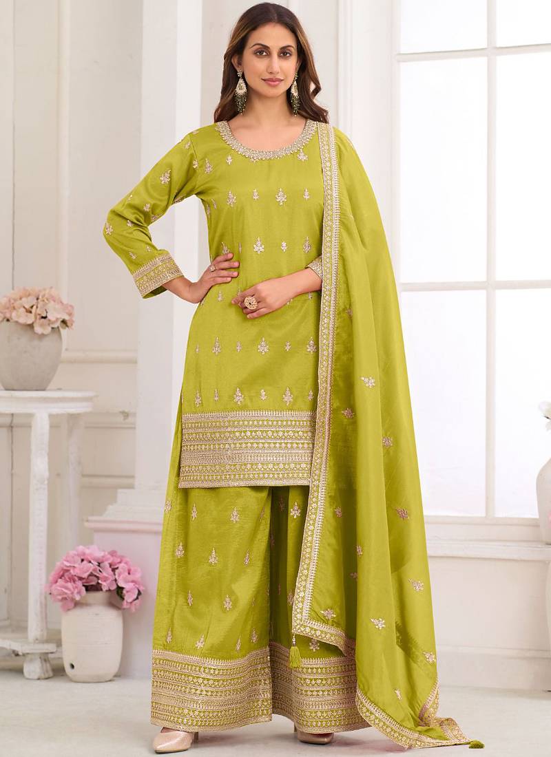 Light-green embroidery real simar silk salwar suit