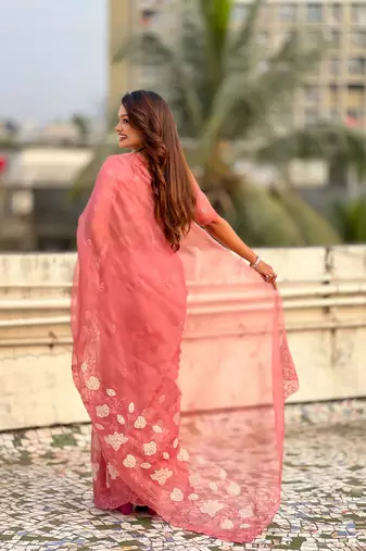 Coral chanda kora silk blend beautful floral embroidery work ceremonial saree