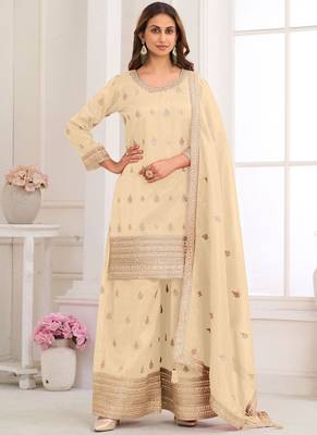 Cream embroidery real simar silk salwar suit 1