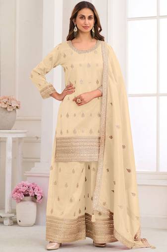 Cream embroidery real simar silk salwar suit