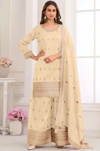 Cream embroidery real simar silk salwar suit