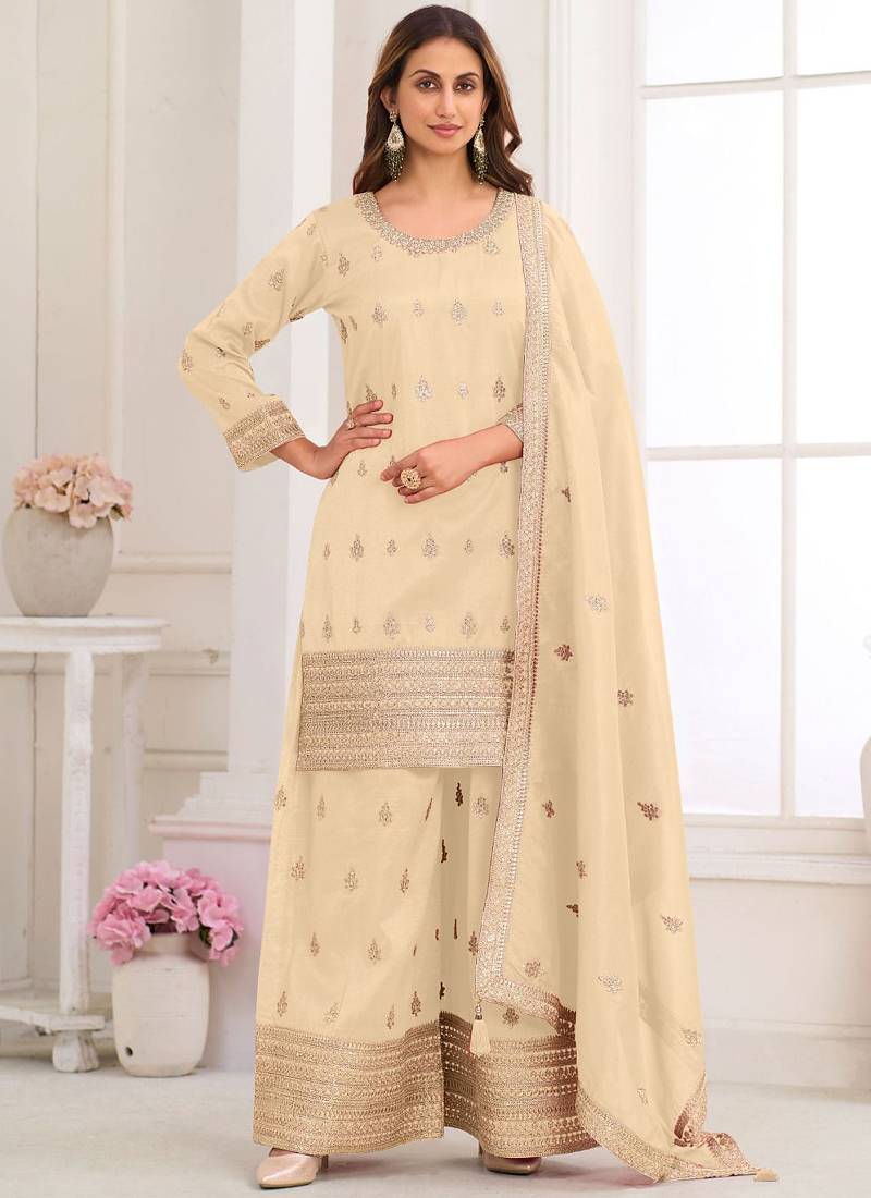 Cream embroidery real simar silk salwar suit