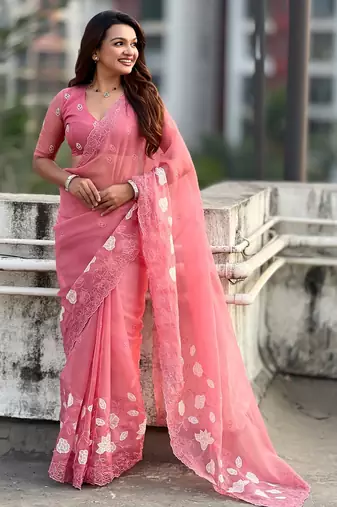 Coral chanda kora silk blend beautful floral embroidery work ceremonial saree