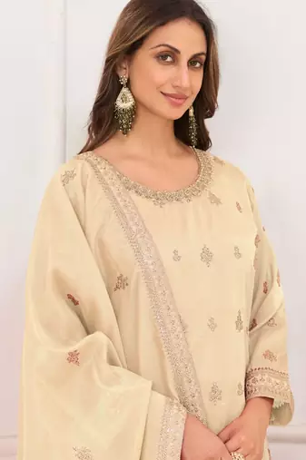 Cream embroidery real simar silk salwar suit