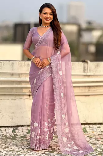 Lavender color chanda kora silk fabric beautful floral embroidery work ceremonial saree