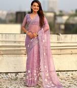 Lavender color chanda kora silk fabric beautful floral embroidery work ceremonial saree