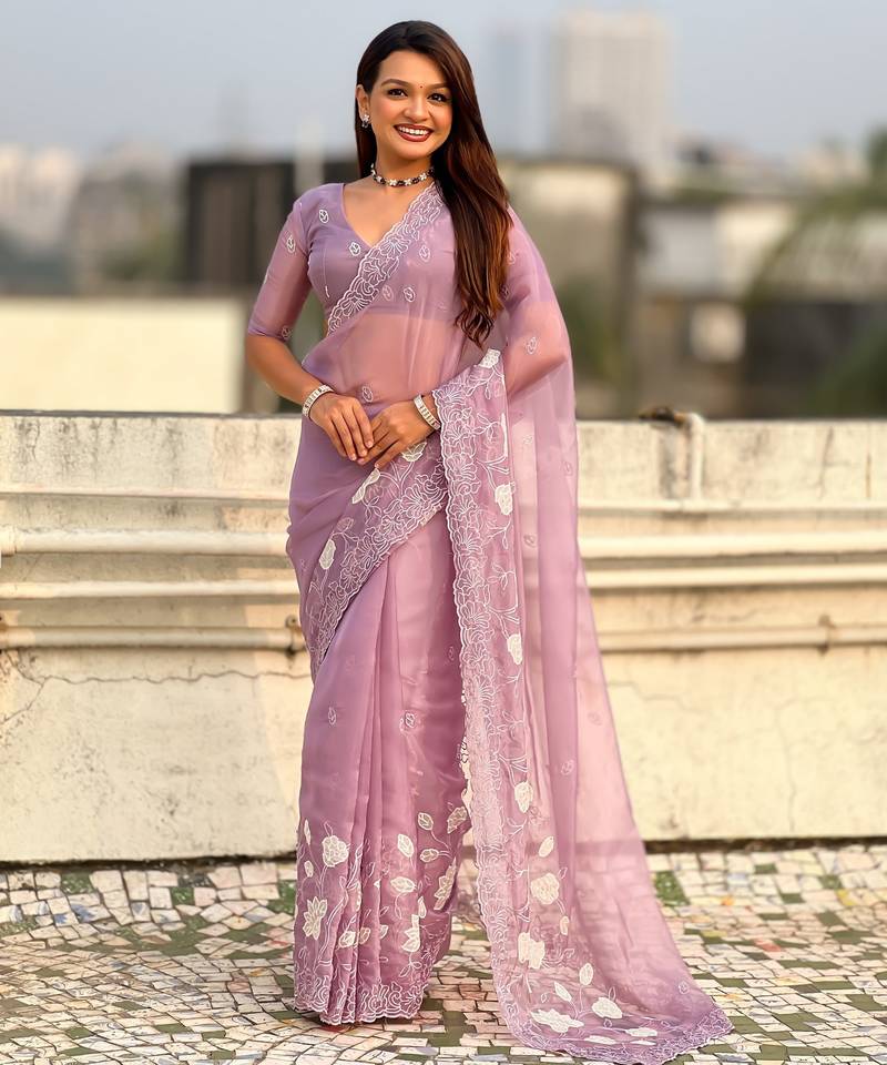 Lavender color chanda kora silk fabric beautful floral embroidery work ceremonial saree