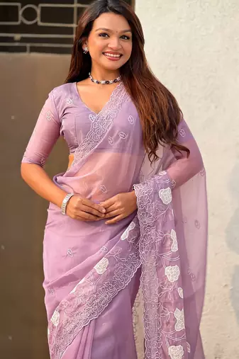 Lavender chanda kora silk blend beautful floral embroidery work ceremonial saree