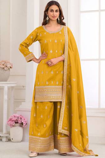 Dark-yellow embroidery real simar silk salwar suit
