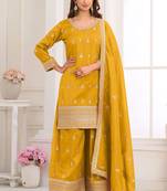 Dark-yellow embroidery real simar silk salwar suit