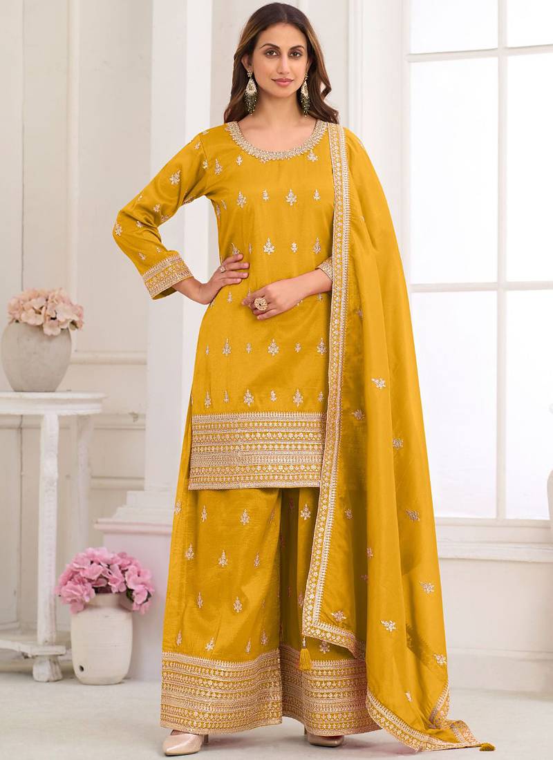 Dark-yellow embroidery real simar silk salwar suit