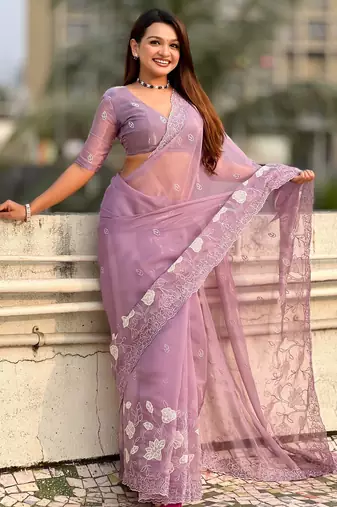 Lavender chanda kora silk blend beautful floral embroidery work ceremonial saree