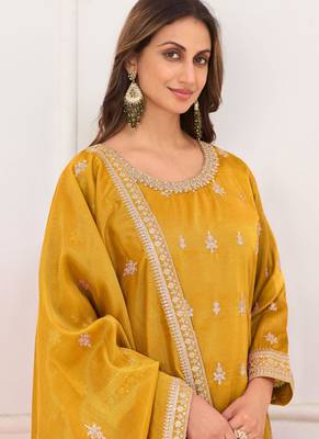 Dark-yellow embroidery real simar silk salwar suit 2