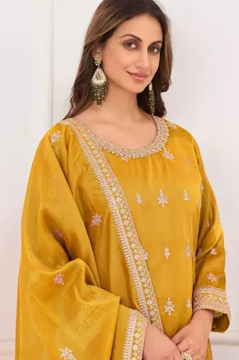 Dark-yellow embroidery real simar silk salwar suit