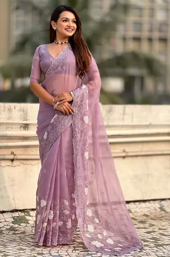Lavender chanda kora silk blend beautful floral embroidery work ceremonial saree