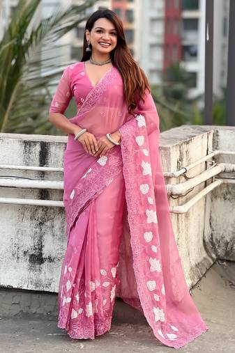 Pink color chanda kora silk fabric beautful floral embroidery work ceremonial saree