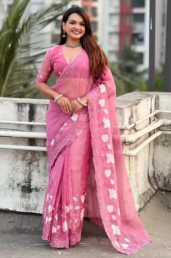 Pink color chanda kora silk fabric beautful floral embroidery work ceremonial saree