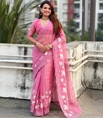 Pink color chanda kora silk fabric beautful floral embroidery work ceremonial saree