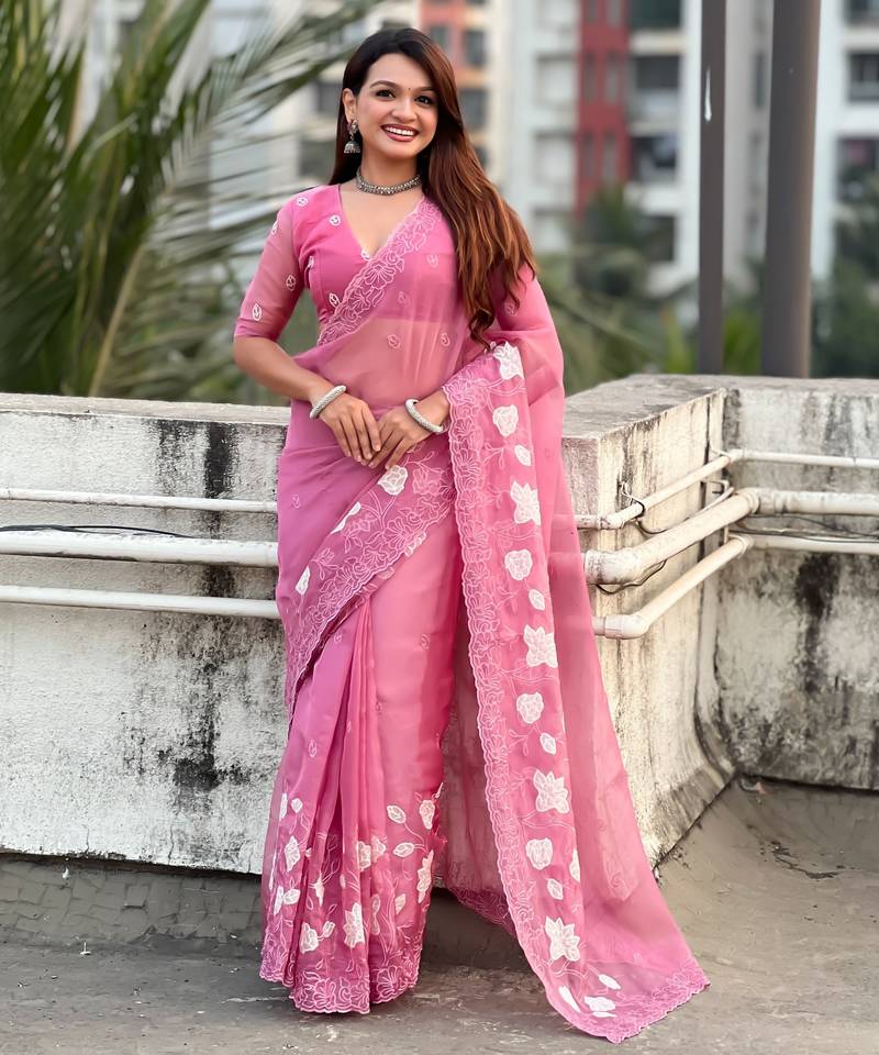 Pink color chanda kora silk fabric beautful floral embroidery work ceremonial saree