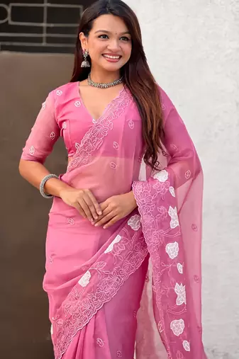 Pink chanda kora silk blend beautful floral embroidery work ceremonial saree