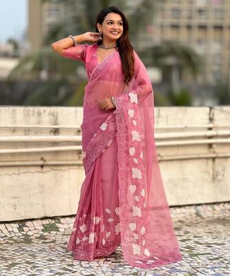 Pink chanda kora silk blend beautful floral embroidery work ceremonial saree 4