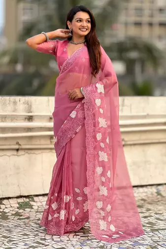 Pink chanda kora silk blend beautful floral embroidery work ceremonial saree