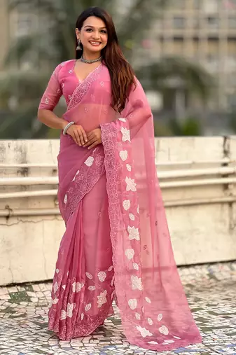Pink chanda kora silk blend beautful floral embroidery work ceremonial saree